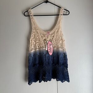 Dolled Up by FANG New Crochet Lace Blue and Ivory Top Juniors Large Festival